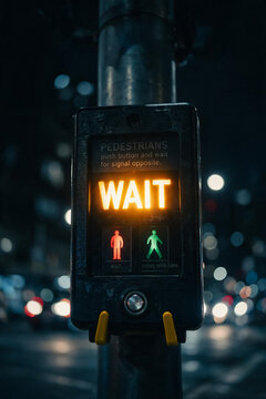 Pedestrian wait signal at night, illuminated crosswalk button with glowing orange text, urban traffic safety light in city street