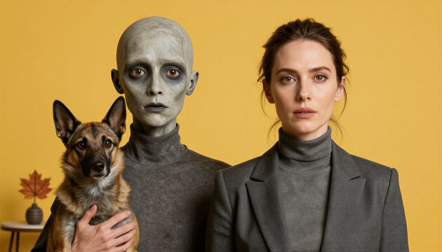 Woman and gray alien holding dog against yellow backdrop