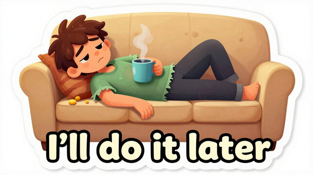 Lazy cartoon boy lying on sofa with coffee, procrastination concept sticker, tired character resting on couch with text I'll do it later