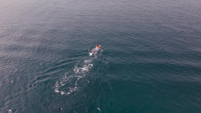 Woman Swimming with Flyboard Equipment, Taking Off and Falling into the Sea off Kalamata, Greece, Drone View
