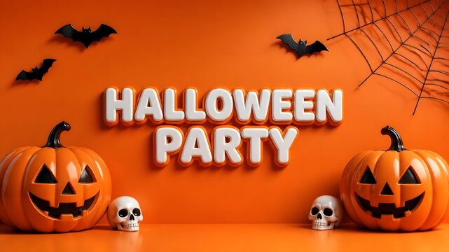 Halloween party text banner with carved jack olantern pumpkins skulls bats and spider web orange background autumn season still life