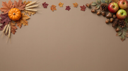 Fototapeta premium Autumn background with pumpkin apples and colorful fall leaves on a brown surface with copy space