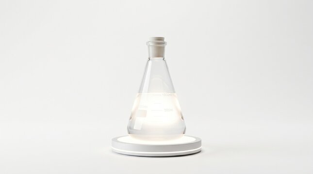 Glass Erlenmeyer flask with clear liquid on a white background for scientific research.