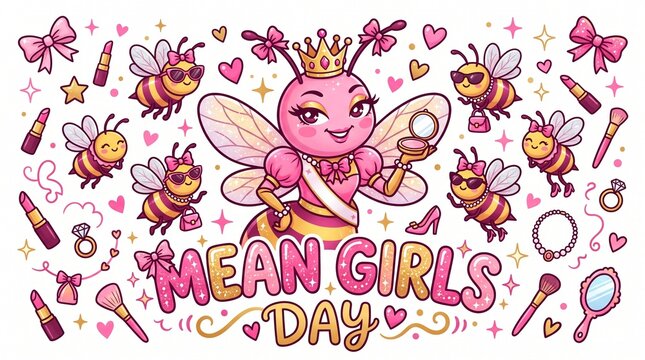 Mean Girls Day Fashionable Queen Bee Crown Pink Gold Glamorous Typography Illustration