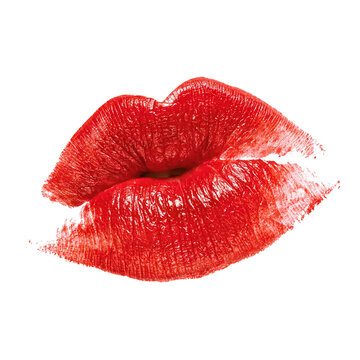 Lipstick kiss imprint on white background showing a bright and vibrant red mark with clear details of the lip shape
