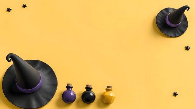 Halloween background featuring black witch hats colorful potion bottles and star confetti on yellow surface spooky decoration witch hat
