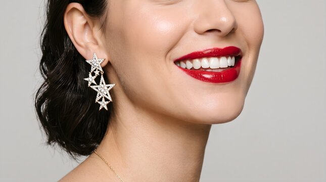 Close up of woman with red lips wearing star shaped earrings