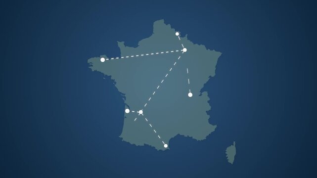 France Map Showing Data Signal Transfer Lines Between Locations