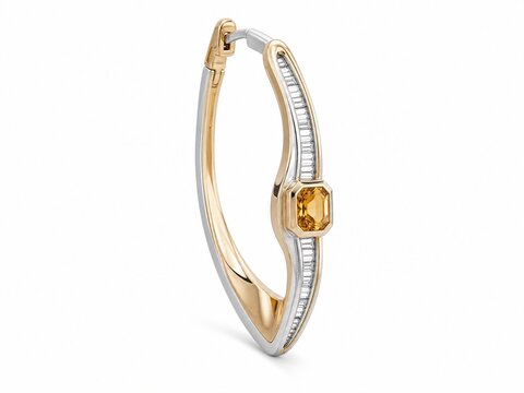 Two tone gold and blue topaz hoop earring on white background