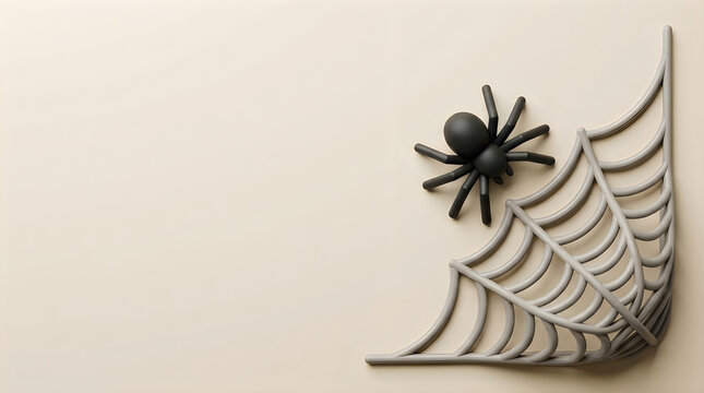 Small black toy spider sitting on a corner spider web decoration for a happy halloween party