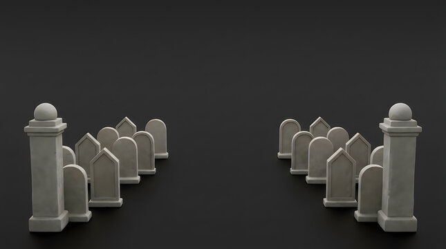Stone tombstones arranged in rows in a dark spooky cemetery graveyard at night time scene