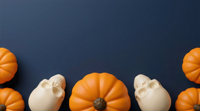 Orange pumpkins and white human skulls arranged on a dark blue background for halloween holiday