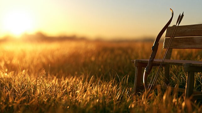 Recurve bow and arrows resting on wooden bench in golden field at sunset