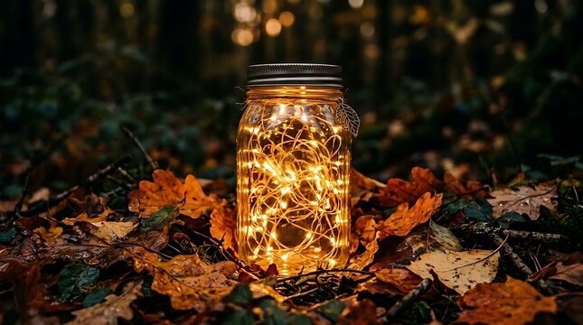 Warm Fairy Lights Glowing Inside Rustic Glass Mason Jar