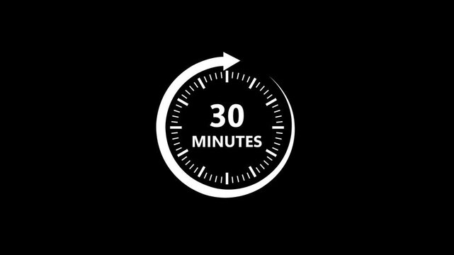 30 minutes timer countdown clock animation on black screen, chroma key overlay for time management and productivity projects. Animation of 4k video.