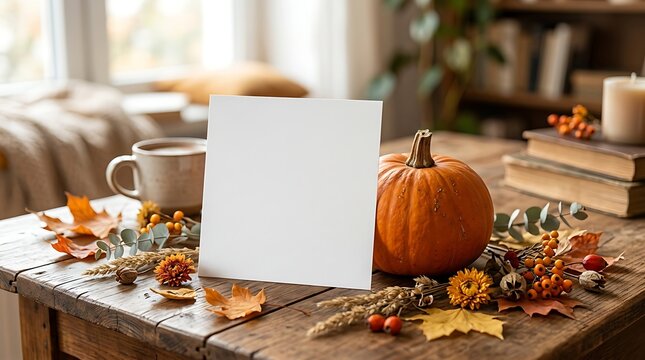 Blank Vertical Paper Mockup Leaning on Cozy Autumn Wooden Desk