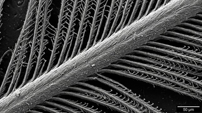 Bird feather vane under scanning electron microscope, microscopic view of barb and barbules