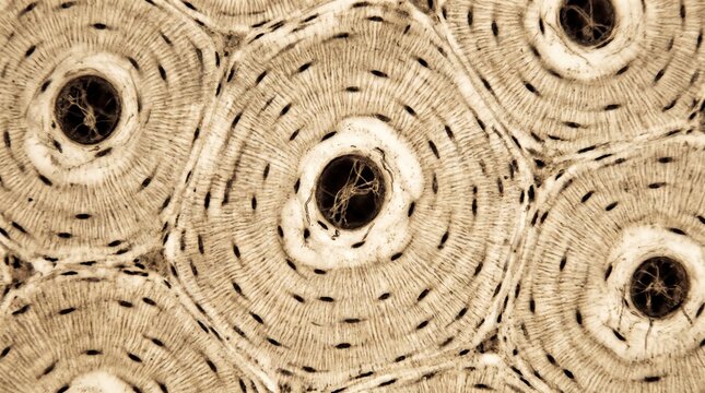 Microscopic view of human bone tissue showing osteons and haversian canals in cross section.