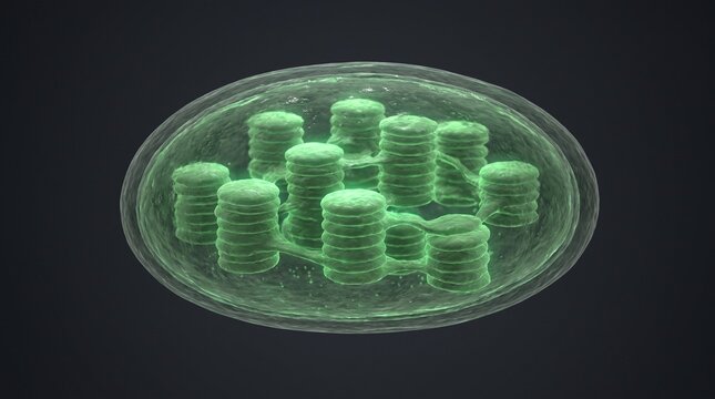 3D render of a plant cell chloroplast showing internal thylakoid stacks and grana structure.