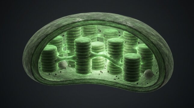 3D render of a plant cell chloroplast with glowing thylakoid stacks for biology education.