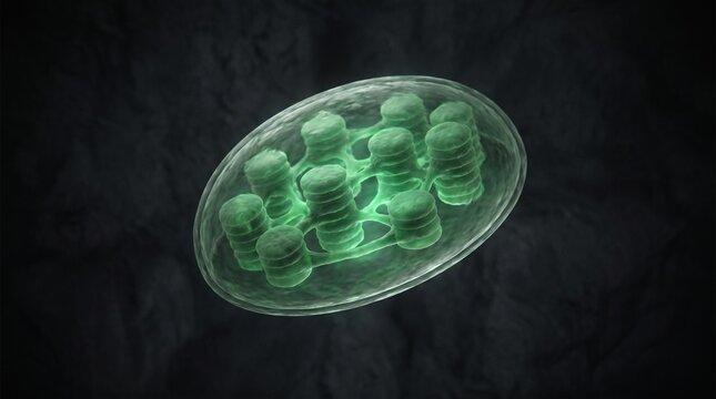 3D render of a glowing green chloroplast cell organelle with internal thylakoid stacks