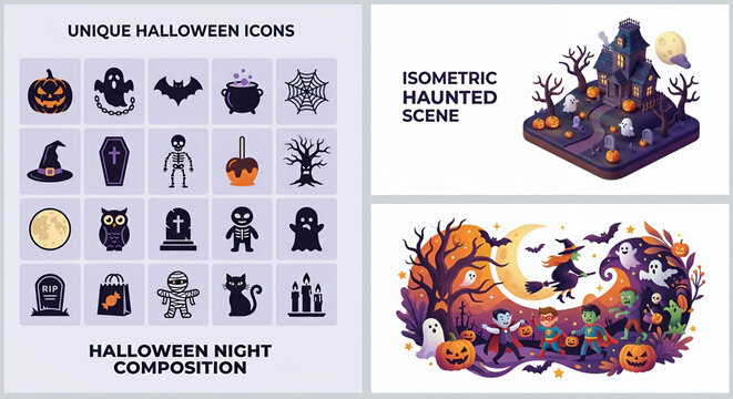Halloween vector set flat icons isometric haunted scene and night composition illustration