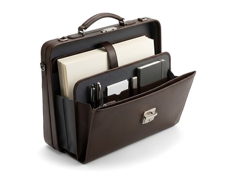 Black briefcase with open compartments isolated on white background