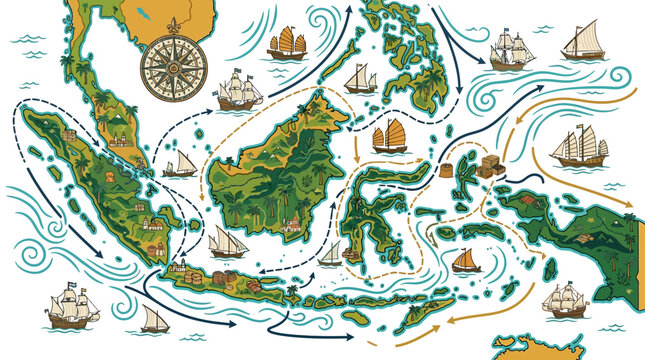 Illustrated Map of Indonesian Archipelago with Ships.