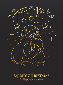 Golden santa claus line art vector design. festive holiday greeting card illustration. minimal design seasonal graphic with christmas background celebration decoration seasonal greeting