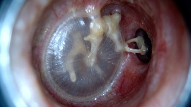 Human eardrum and ossicles viewed through an otoscope for medical ear examination.