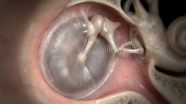 Anatomy of human ear showing eardrum and ossicles conducting sound vibrations