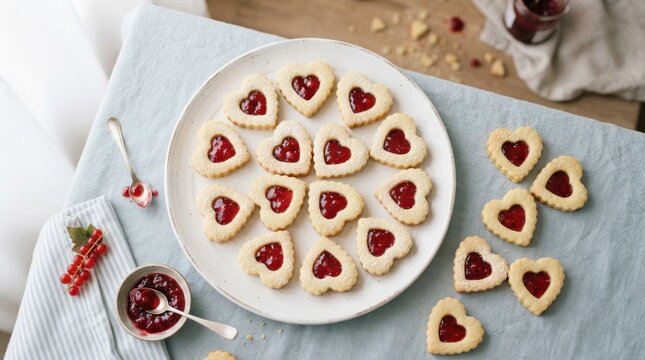 Heart-Shaped Jam Cookies: A delightful arrangement of heart-shaped shortbread cookies, filled with vibrant red jam, presented on a white plate, alongside a small bowl of jam and scattered crumbs.