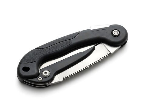 Black folding knife with serrated edge open isolated on white background