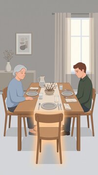 An elderly woman and a young man sit at a dining table with a glowing empty chair. They are mourning a lost loved one in a quiet atmosphere. Ideal for articles about grief and family loss.