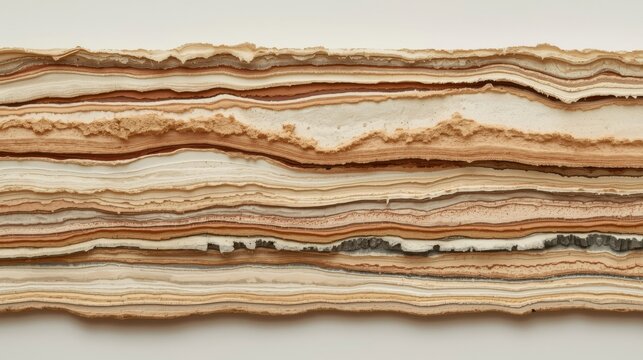 Sediment layers compressed into abstract stripes of earthy tones and textures on a white background