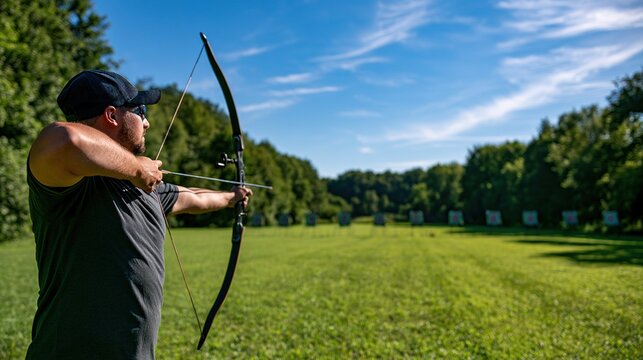 Adult archer drawing recurve bow at outdoor archery range with distant targets