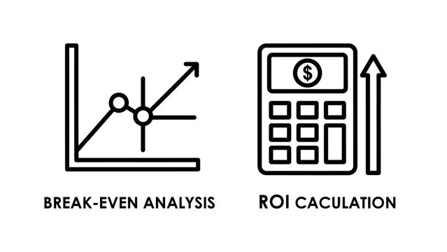 Break-even analysis chart and roi calculation calculator icons vector