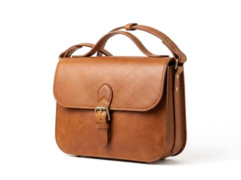 Brown leather messenger bag with flap closure isolated on white background