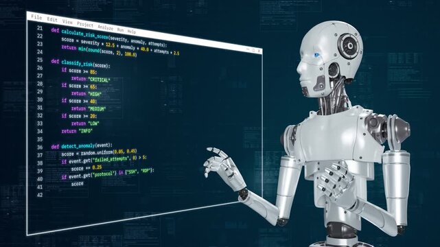 Motion graphic of a futuristic humanoid robot analyzing programming code on a holographic screen, designed for artificial intelligence, machine learning, and cybersecurity concepts.