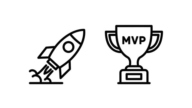 Set of outline icons representing startup launch and mvp championship trophy