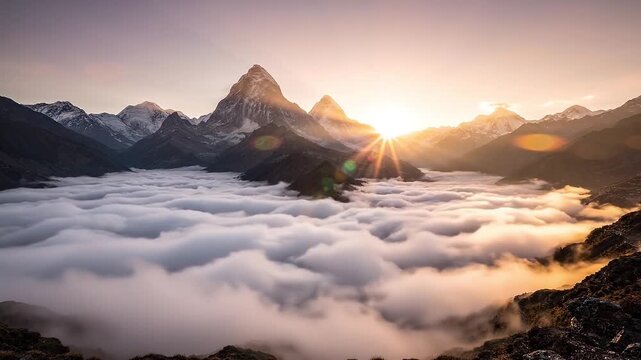 Aerial View Above Clouds Looking at Mountain Peaks