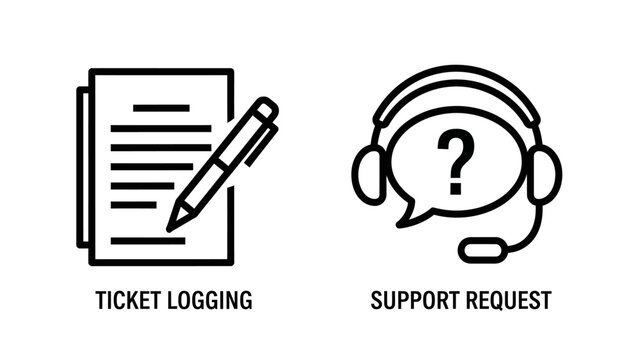 Customer service support request and ticket logging outline icon set