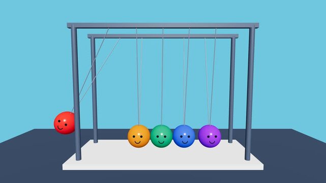 Cute Newton's cradle 3D animation, 16:9 widescreen swinging colorful smiley face balls on minimalist background, seamless loop.