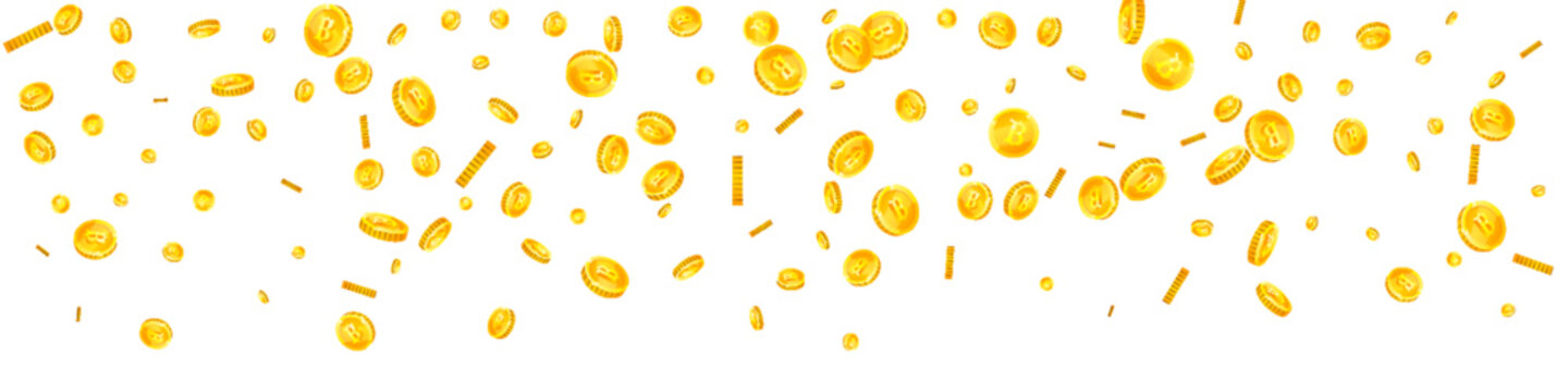 Thai baht coins falling. Gold scattered THB coins. Thailand money. Global financial crisis concept. Panoramic vector illustration.
