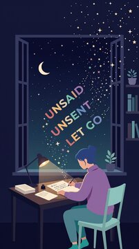 A woman writes a letter by lamplight as unsaid words float into the night sky. Illustrates the cathartic process of grieving and letting go. Ideal for mental health and wellness content.