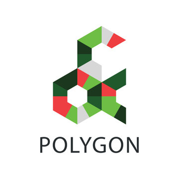 Geometric polygon logo with ampersand symbol, abstract 3D hexagonal icon, green and red corporate branding vector