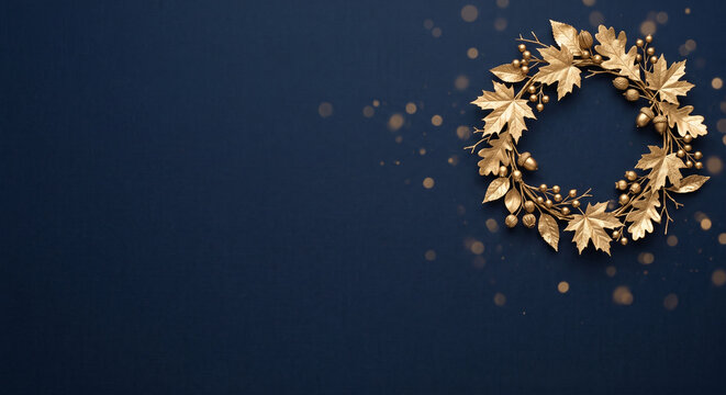 Elegant golden autumn wreath made of leaves and acorns on deep navy blue texture surface.