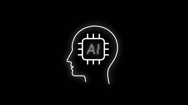 Artificial intelligence concept animation, microchip with AI symbol in human head outline on transparent background alpha channel
