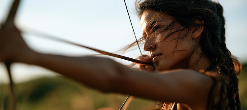 Female archer releasing arrow during outdoor practice session