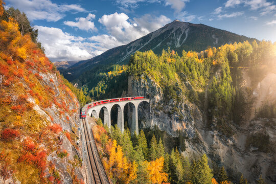 Aerial view of modern red train on Landwasser viaduct in alpine mountains, colorful forest at sunset in autumn. Bernina Express, Switzerland. Top view of train in Alps, railroad, green trees in fall